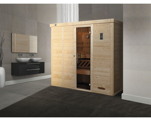 Sauna en bois massif Weka Kemi GT taille 5 avec poêle 7,5 kW et commande numérique avec porte entièrement vitrée couleur graphite