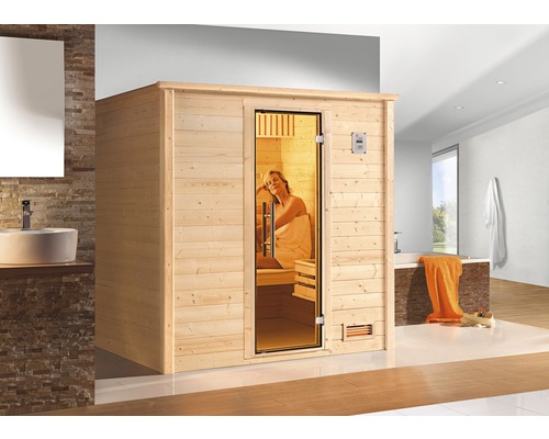 Sauna en bois massif Weka Bergen GT taille 1 avec poêle bio 7,5 kW et commande numérique avec porte entièrement vitrée couleur graphite