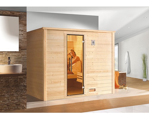 Sauna en bois massif Weka Bergen GT taille 3 avec poêle bio 7,5 kW et commande numérique avec porte entièrement vitrée couleur graphite