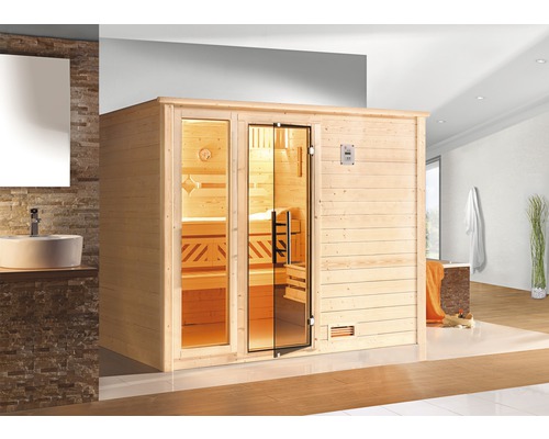 Sauna en bois massif Weka Bergen GTF taille 3 avec poêle 7,5 kW et commande numérique, avec fenêtre et porte entièrement vitrée couleur graphite-0