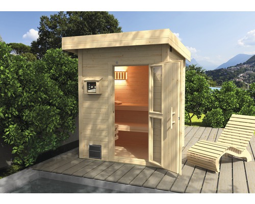 Chalet sauna Weka Naantali avec poêle 9 kW et commande externe, avec portes en bois et verre à isolation thermique