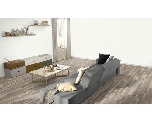 Wohnzimmer mit grauem Sofa, Holzboden und Kommode