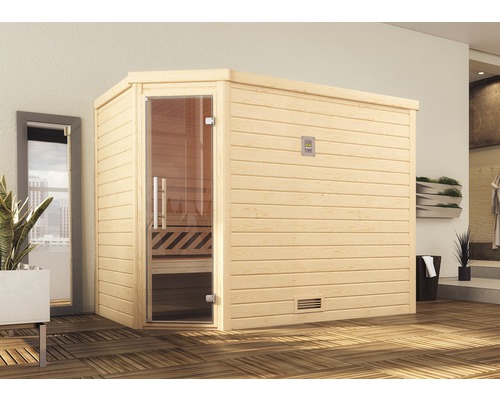 Sauna en bois massif Weka Turku d'angle GT taille 3 avec poêle bio 7,5 kW et commande numérique avec porte entièrement vitrée couleur graphite