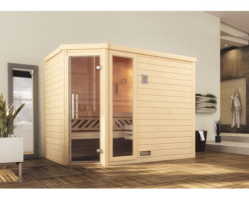 Sauna en bois massif Weka Turku d'angle GTF taille 3 avec poêle bio 7,5 kW et commande numérique, avec fenêtre et porte entièrement vitrée couleur graphite