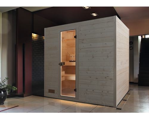 Sauna en bois massif Weka Valida GT taille 4 avec poêle 9 kW et commande intégrée, avec porte entièrement vitrée en verre transparent