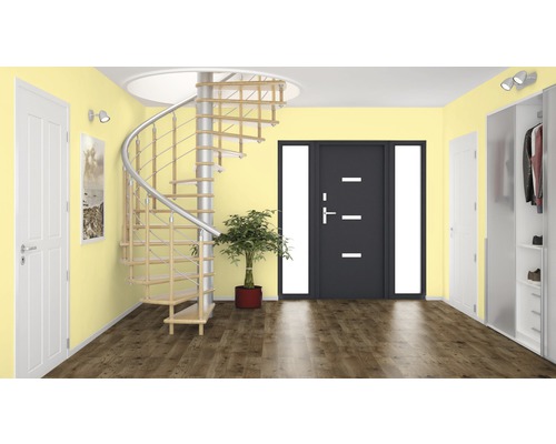 Heller Flur mit Wendeltreppe, Haustür und Garderobenschrank