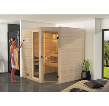 Massivholzsauna Weka Valida Eck GTF Gr.2 inkl.9 kW Ofen u.integr.Steuerung mit Fenster und Ganzglastüre aus Klarglas