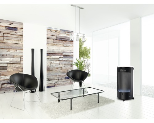 Heller Wohnraum mit Holzverkleidung, Sesseln, Couchtisch und Heizgerät