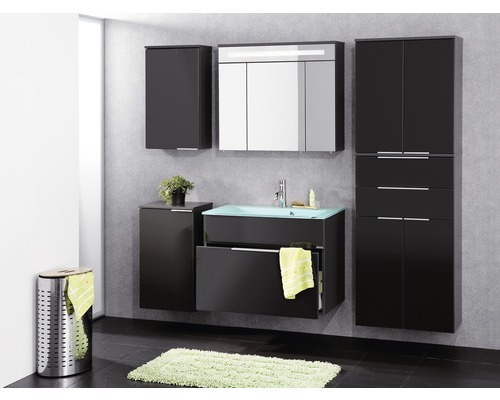 Salle de bains moderne avec meubles noirs brillants, armoire de toilette et panier à linge