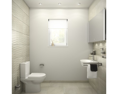 Helles Badezimmer mit Toilette, Waschbecken, Spiegelschrank und Fenster