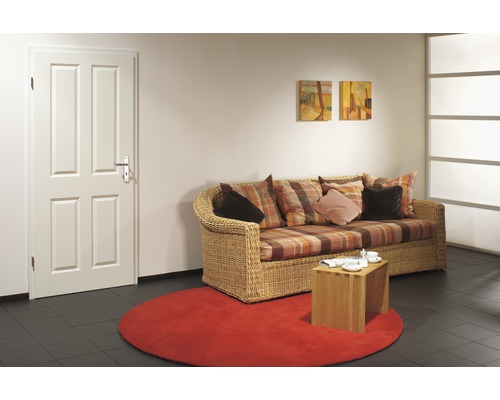 Salon avec porte, canapé, tapis et table