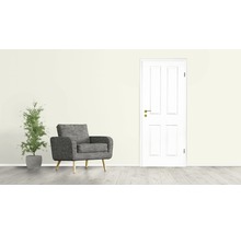 Salon avec fauteuil, plante et porte