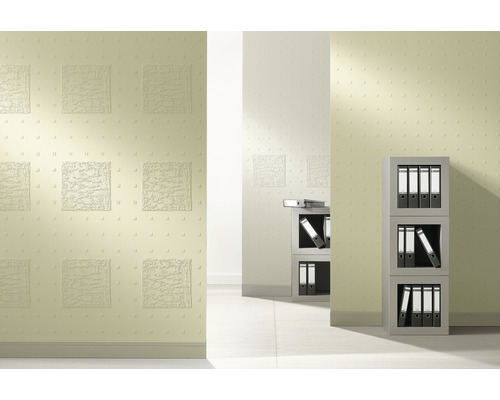 Espace de bureau avec papier peint structuré et étagères à dossiers