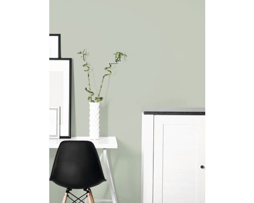 Büro mit Schreibtisch, Stuhl, Dekoration und Wandfarbe.