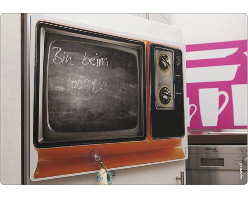 Kühlschrankmagnet im Fernsehdesign mit Tafeloberfläche und der Aufschrift ''Bin beim Joggen''
