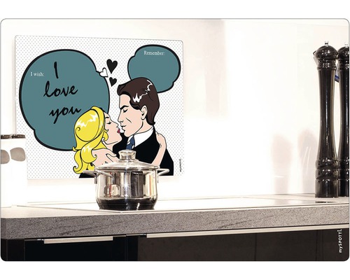 Magnetische Küchenrückwand mit Comic-Motiv über einem Kochtopf auf dem Herd