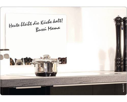 "myspotti Magnettafel mit Hundemotiv und dem Text ""Heute bleibt die Küche kalt! Bussi Mama"" in einer Küche"