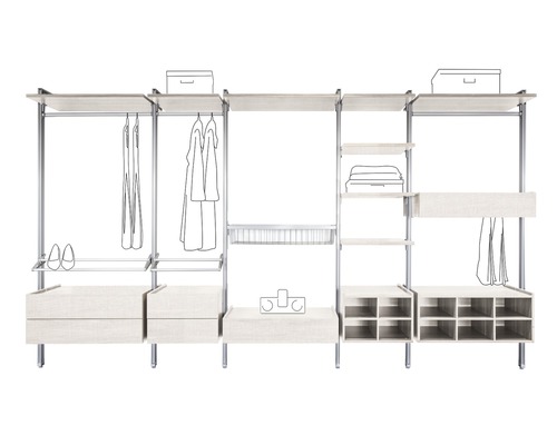Système d''armoire ouverte avec étagères, tiroirs et tringles à vêtements