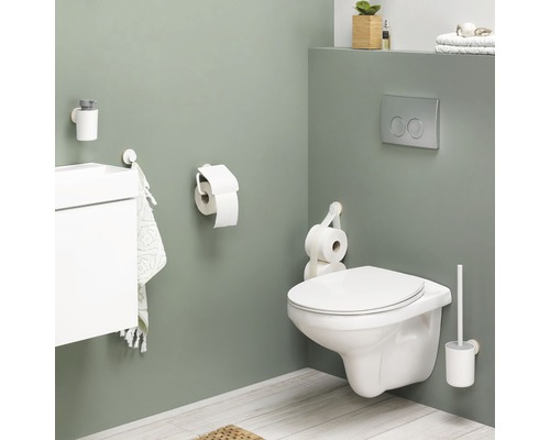 Salle de bains avec WC, chasse d''eau, support papier toilette, serviette et distributeur de savon