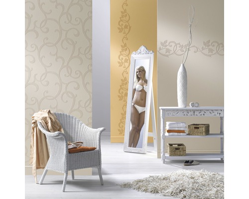 Papier peint intissé 9431 Patent Decor 3D blanc Salon décoratif avec papiers peints à motifs floraux, miroir, fauteuil en rotin et commode