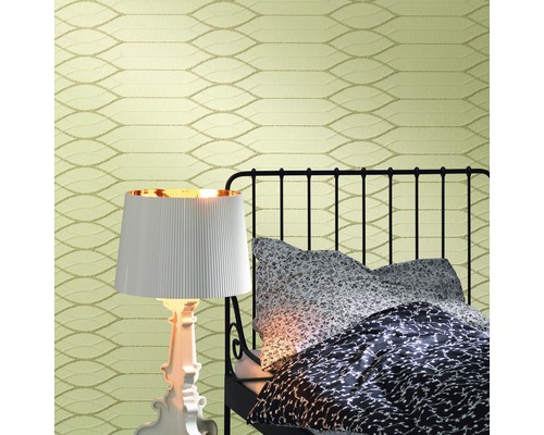 Papier peint intissé 9430 Patent Decor 3D blanc Chambre avec lit, lampe et papier peint à motifs