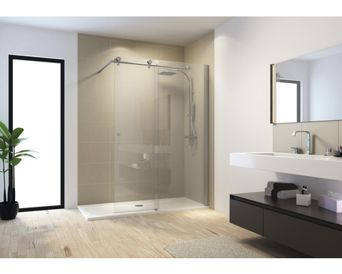 Paroi de douche à l'italienne avec porte coulissante Schulte MasterClass largeur 140 cm butée à droite verre transparent couleur du profilé chrome