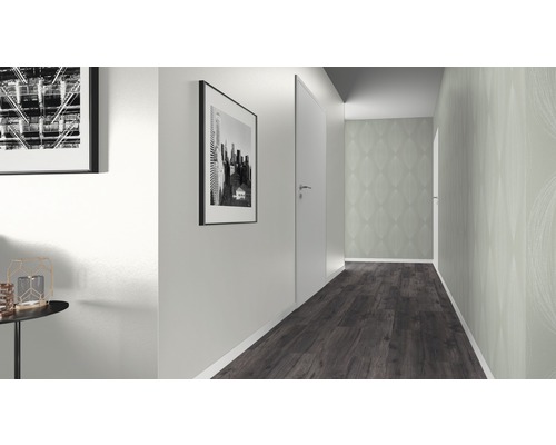 Couloir avec des tableaux au mur, une porte et un plancher en bois foncé