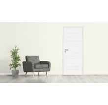 Wohnraum mit Tür, Sessel und Zimmerpflanze.