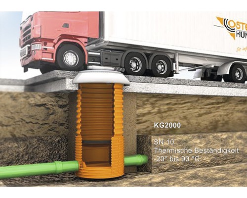 Coupe transversale d''un système de regard de visite KG 2000 sous une dalle de béton avec un camion dessus. Informations sur la résistance thermique de -20 degrés à 90 degrés.