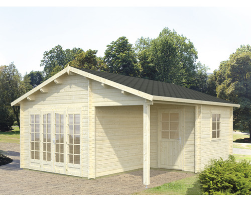 Blockbohlenhaus Palmako Grace mit Fußboden 565 x 598 cm natur Holzgartenhaus mit Vordach, Fenstern und Türen