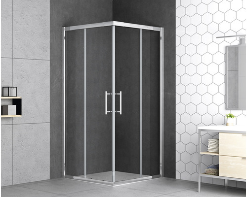 Eckdusche mit klaren Glastüren und silberfarbenen Rahmen im Badezimmer.
