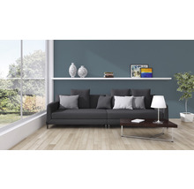Wohnzimmer mit Sofa, Tisch und Dekorationen auf einem Regal