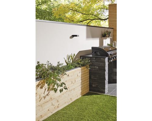 Espace de jardin aménagé avec coin barbecue, mur en bois et espace vert