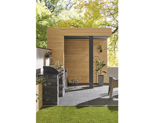 Scène de jardin avec espace barbecue, revêtement en bois et sol carrelé