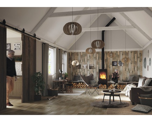 Espace de vie avec poêle à bois, revêtement mural en bois, plafonniers en bois et porte coulissante