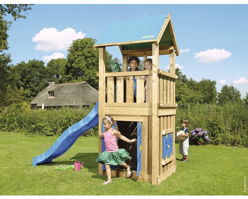 Spielturm Jungle Gym Castle Holz mit Spielhaus, Rutsche blau
