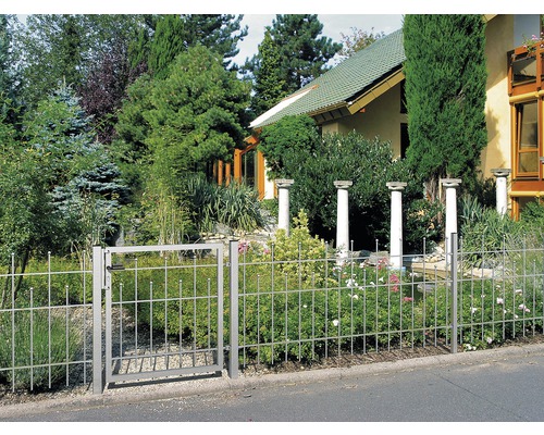 Szene mit einem grauen Metallzaun und Gartentor vor einem Haus mit Garten