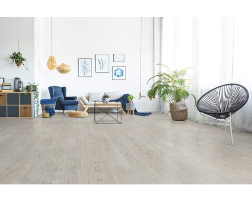 Salon lumineux avec sol stratifié, canapé, fauteuil et décorations