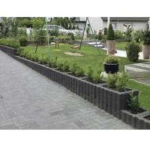 Jardin aménagé avec pelouse, chemin pavé, bordures de gazon et aire de jeux