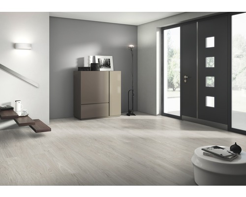 Pièce lumineuse avec sol stratifié moderne, commode et porte d''entrée