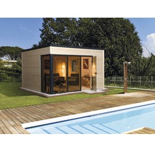 Modernes Gartenhaus aus Holz mit Pool und Außendusche in einem gepflegten Garten.