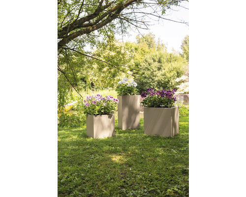 Trois bacs à fleurs plantés sur une pelouse dans le jardin.