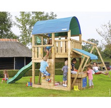Tour de jeu avec toboggan, balançoire et mur d''escalade dans le jardin