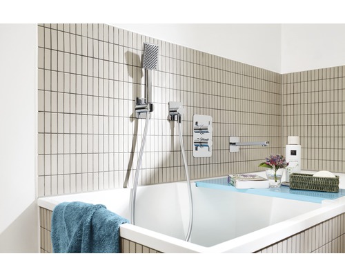 Salle de bains avec baignoire, pommeau de douche et robinetterie