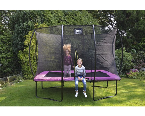 Trampoline de jardin rectangulaire avec filet de sécurité et deux enfants