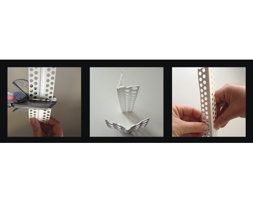 Drei Ansichten eines Putzprofile Eckschutzprofils mit runden Löchern, einmal im Zuschnitt, einmal mit zwei Profilen und einmal in der Anwendung.