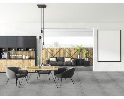 Espace de vie avec kitchenette, table à manger et sièges dans un design moderne