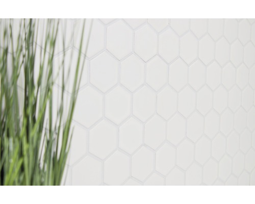 Fond avec carreaux hexagonaux blancs et gazon décoratif flou
