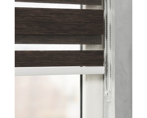 Gros plan d''un store double marron sur une fenêtre avec chaînette de commande