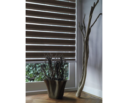 Vue intérieure avec fenêtre et store enrouleur double rayé marron, assurant la régulation de la lumière et l’intimité